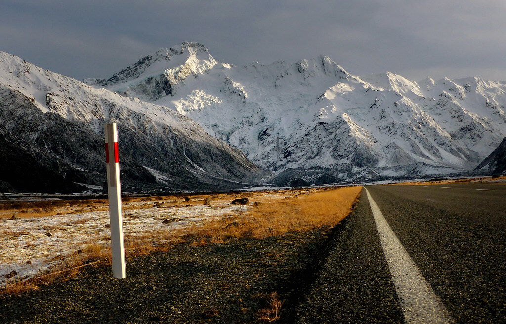The road west from Springfield heading into the snow-covered Southern Alps